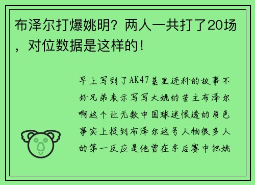 布泽尔打爆姚明？两人一共打了20场，对位数据是这样的！
